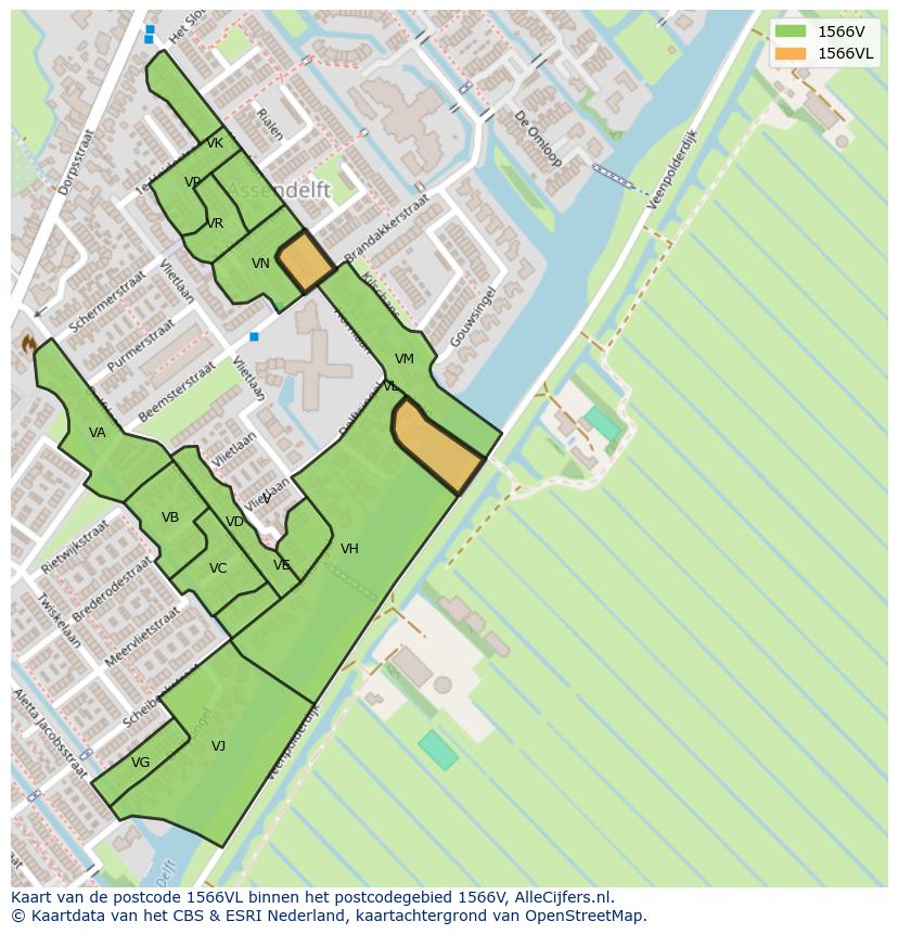 Afbeelding van het postcodegebied 1566 VL op de kaart.