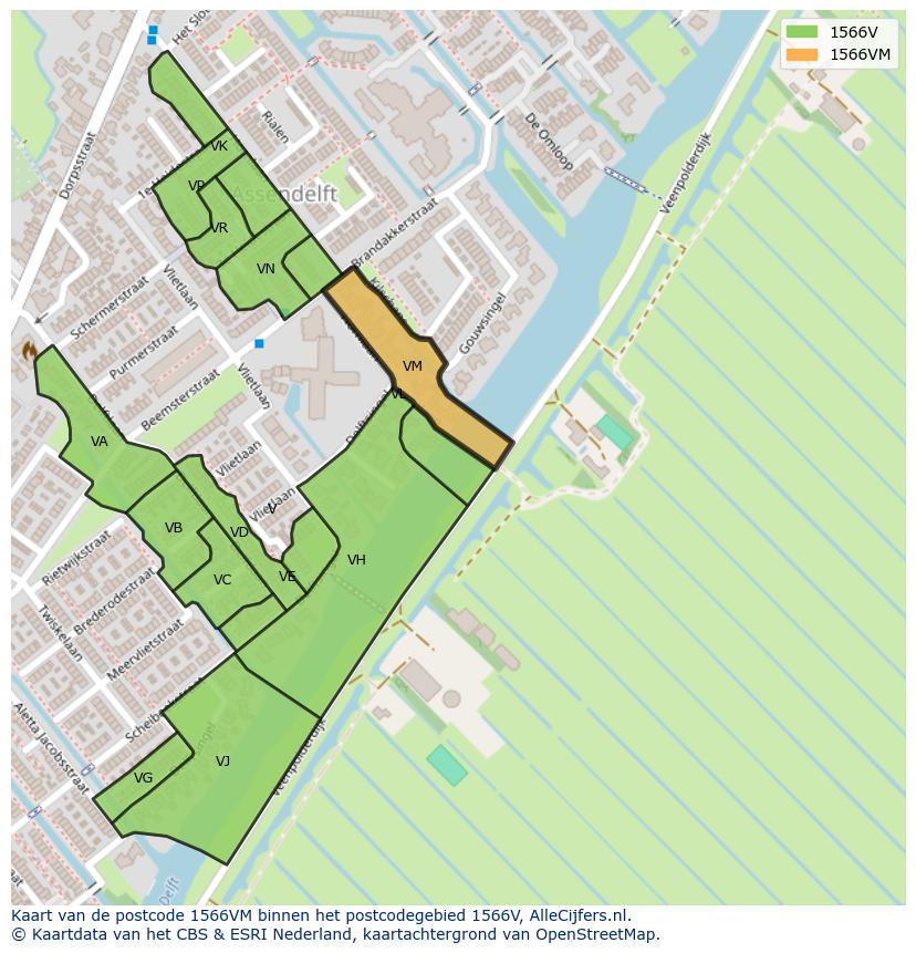 Afbeelding van het postcodegebied 1566 VM op de kaart.