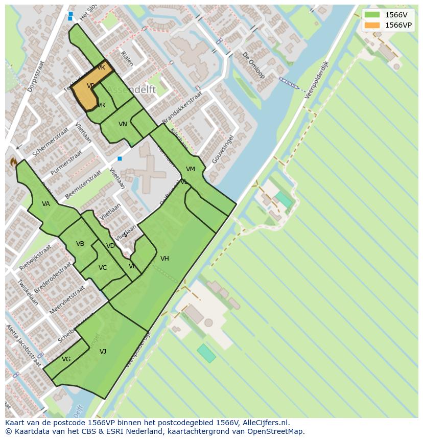 Afbeelding van het postcodegebied 1566 VP op de kaart.