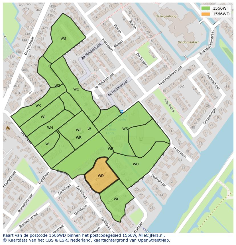 Afbeelding van het postcodegebied 1566 WD op de kaart.
