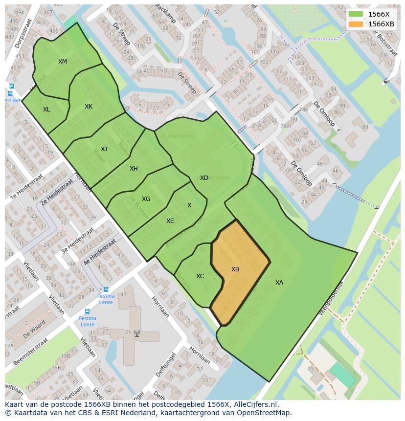 Afbeelding van het postcodegebied 1566 XB op de kaart.