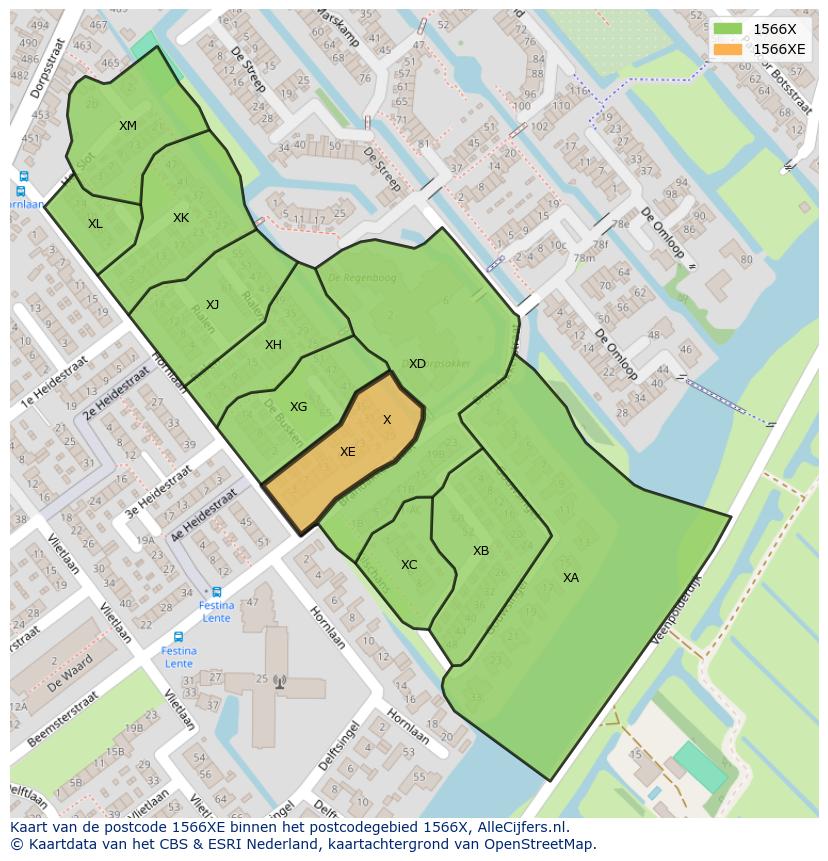 Afbeelding van het postcodegebied 1566 XE op de kaart.