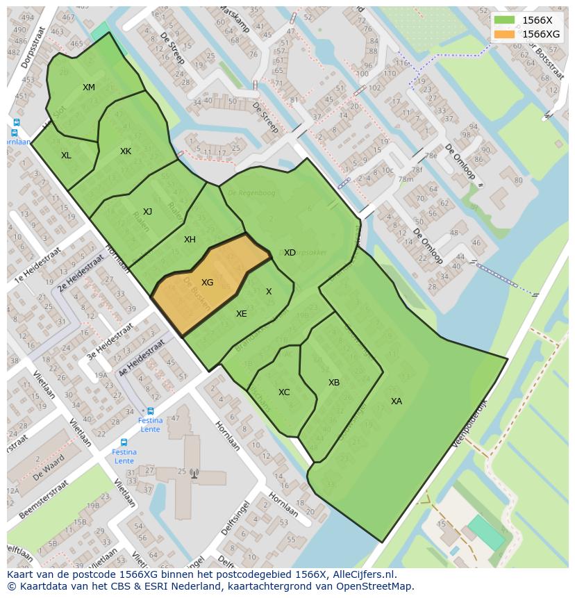 Afbeelding van het postcodegebied 1566 XG op de kaart.