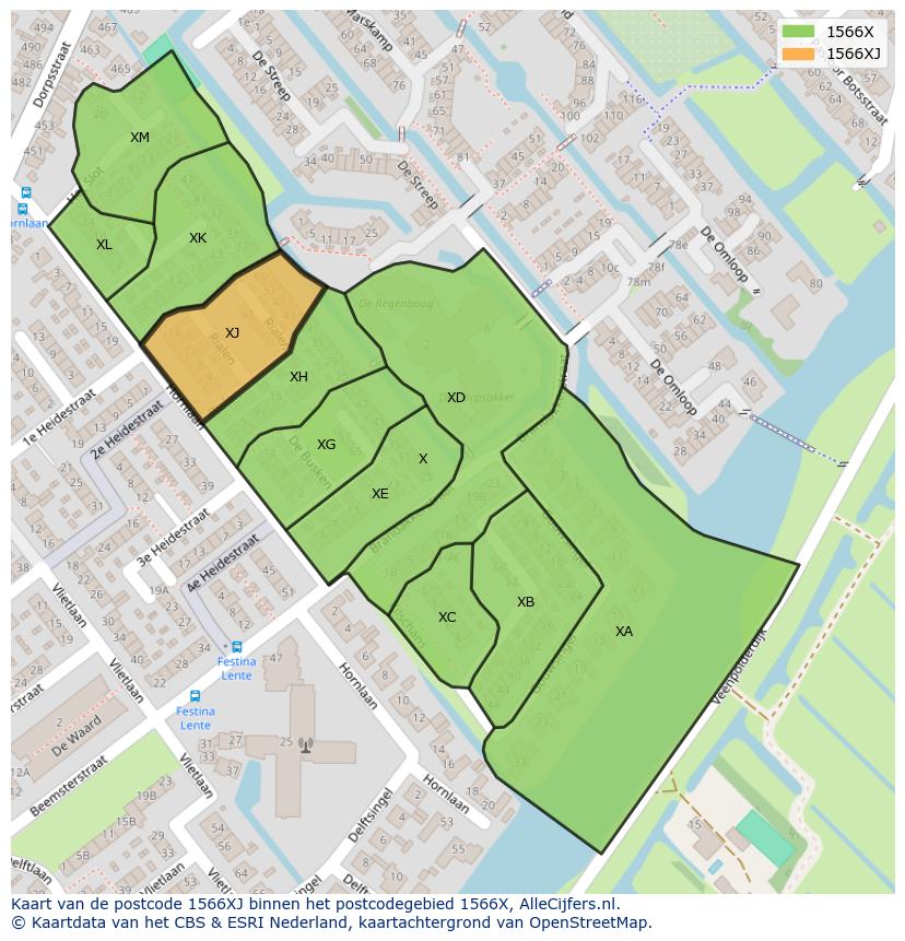 Afbeelding van het postcodegebied 1566 XJ op de kaart.