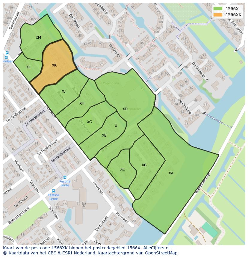 Afbeelding van het postcodegebied 1566 XK op de kaart.