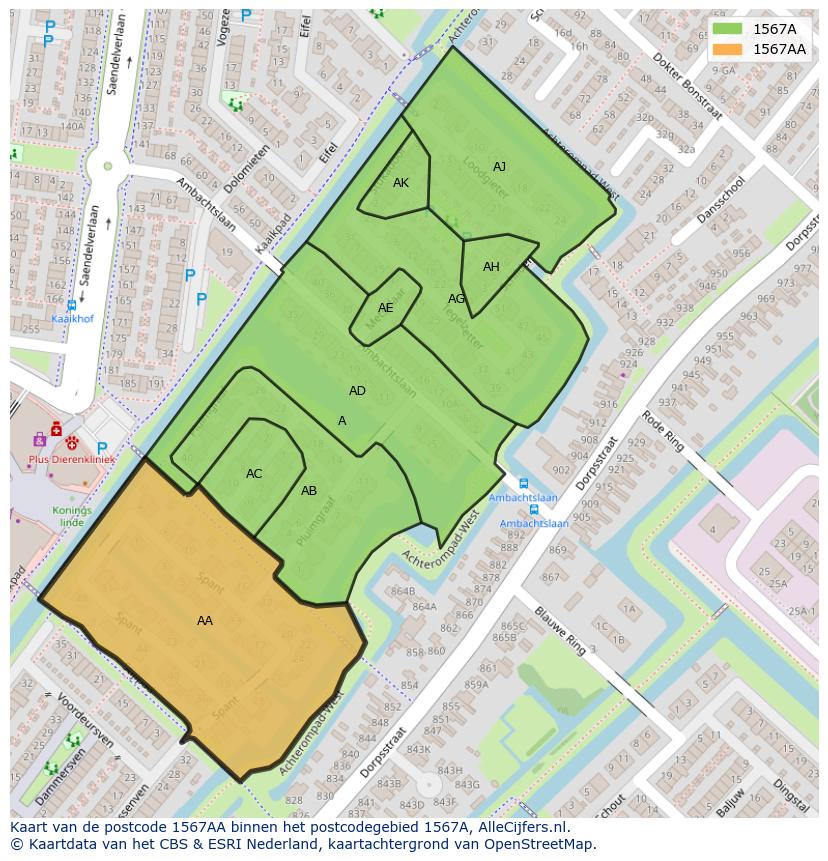 Afbeelding van het postcodegebied 1567 AA op de kaart.