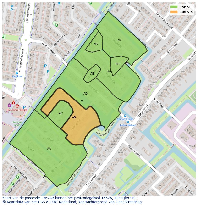 Afbeelding van het postcodegebied 1567 AB op de kaart.