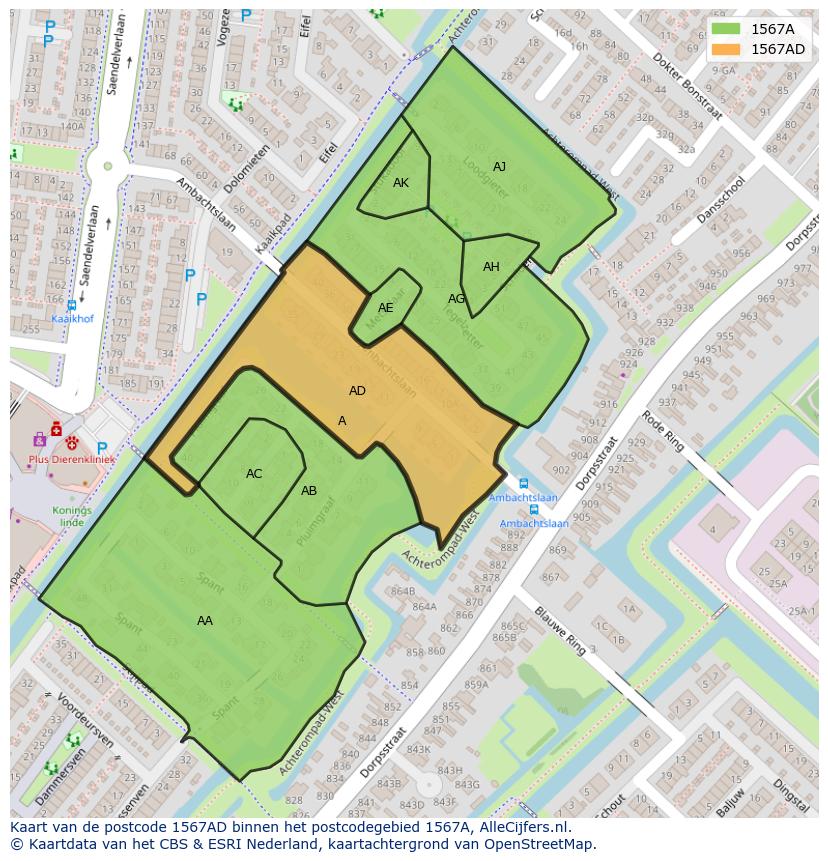 Afbeelding van het postcodegebied 1567 AD op de kaart.