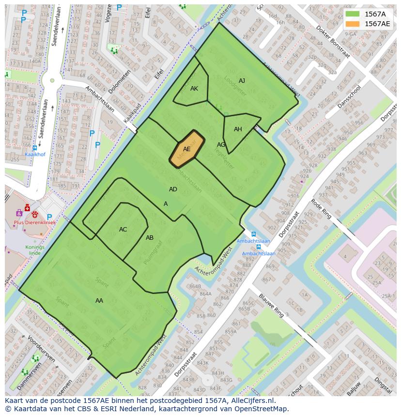 Afbeelding van het postcodegebied 1567 AE op de kaart.