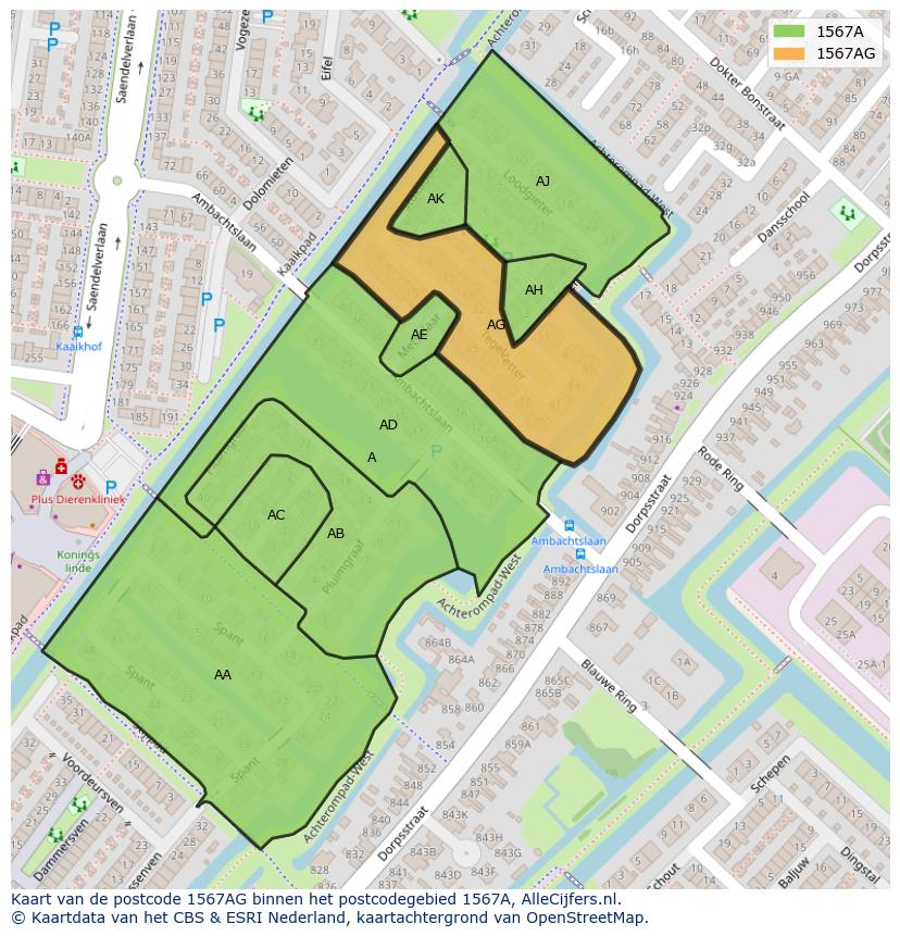 Afbeelding van het postcodegebied 1567 AG op de kaart.
