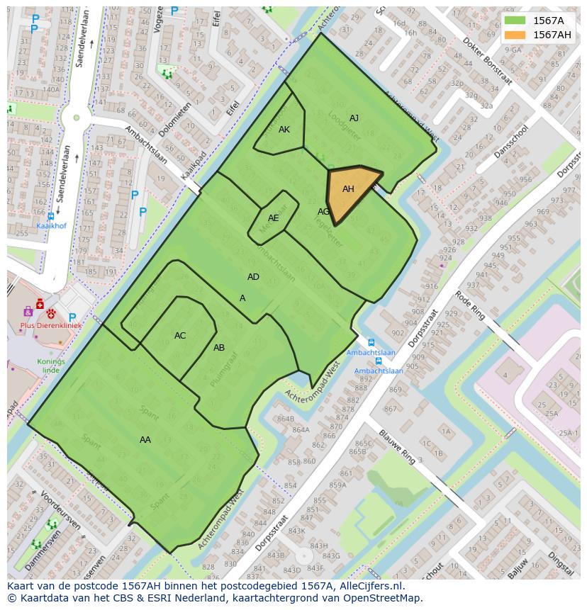 Afbeelding van het postcodegebied 1567 AH op de kaart.