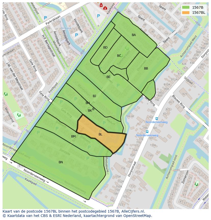 Afbeelding van het postcodegebied 1567 BL op de kaart.