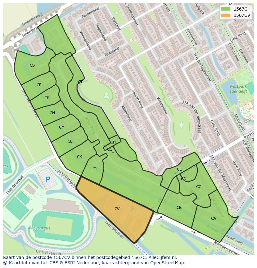 Afbeelding van het postcodegebied 1567 CV op de kaart.