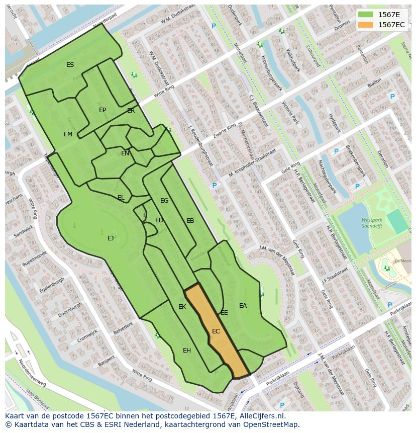 Afbeelding van het postcodegebied 1567 EC op de kaart.