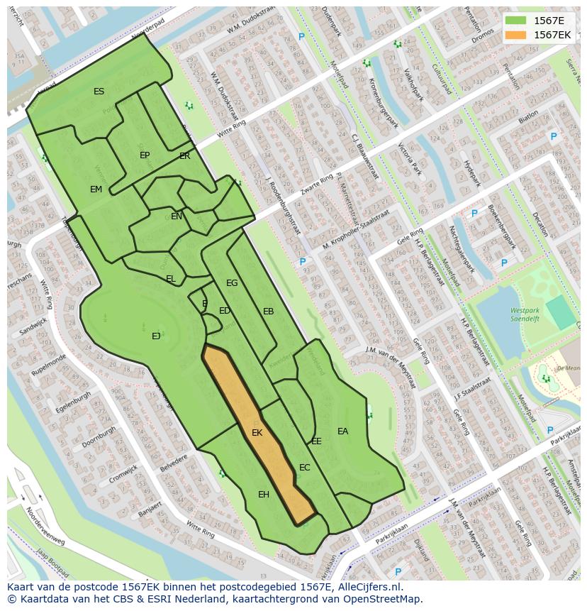 Afbeelding van het postcodegebied 1567 EK op de kaart.