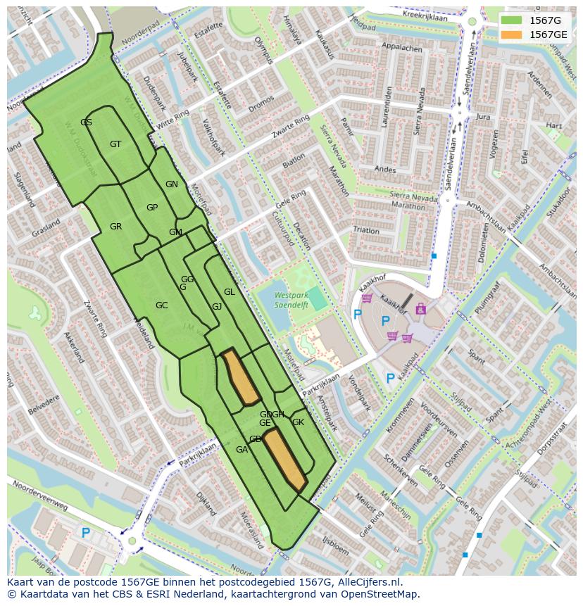 Afbeelding van het postcodegebied 1567 GE op de kaart.