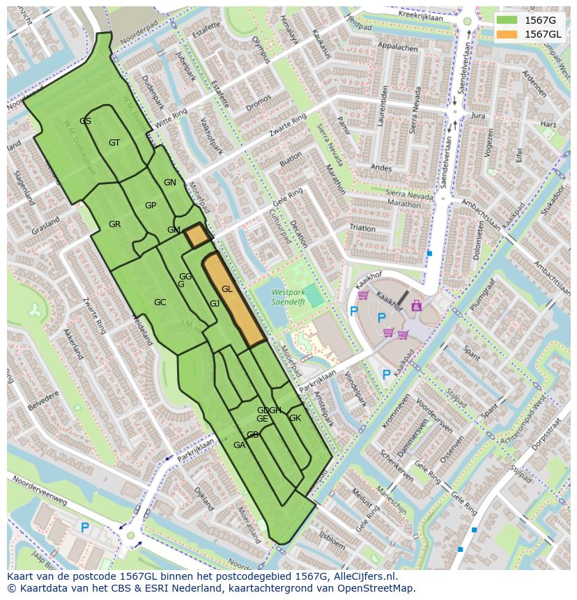 Afbeelding van het postcodegebied 1567 GL op de kaart.