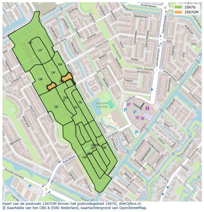 Afbeelding van het postcodegebied 1567 GM op de kaart.