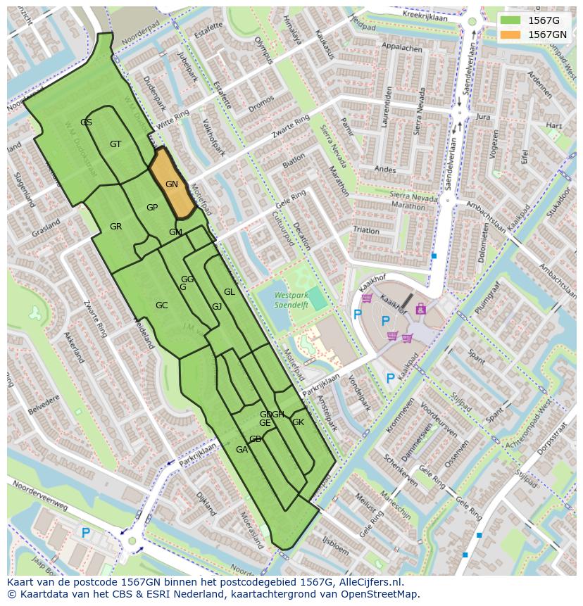 Afbeelding van het postcodegebied 1567 GN op de kaart.