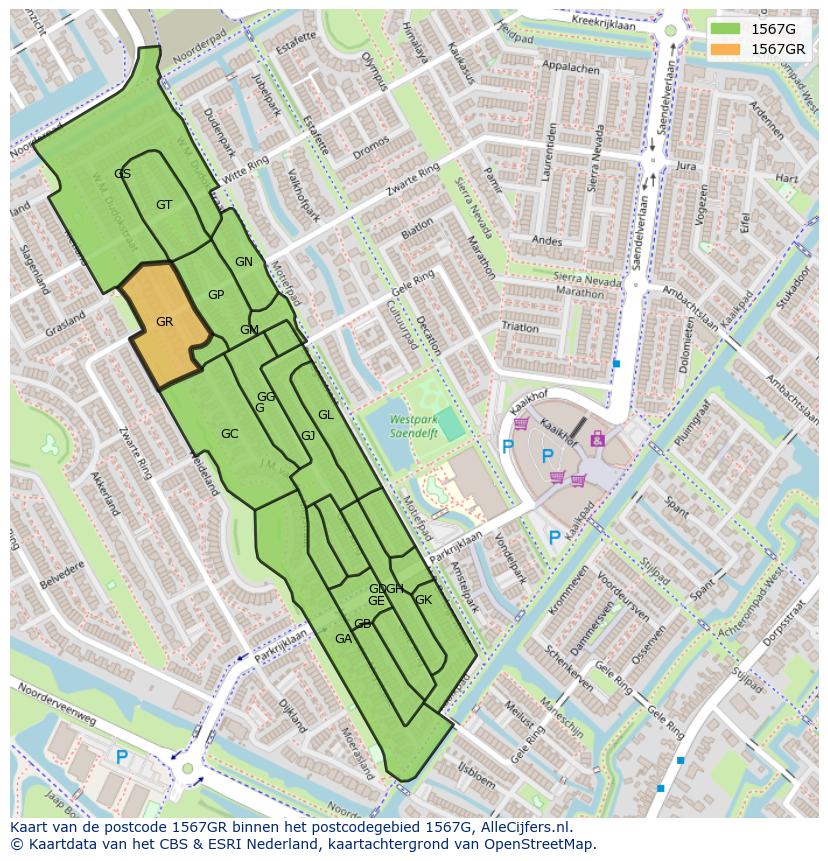 Afbeelding van het postcodegebied 1567 GR op de kaart.