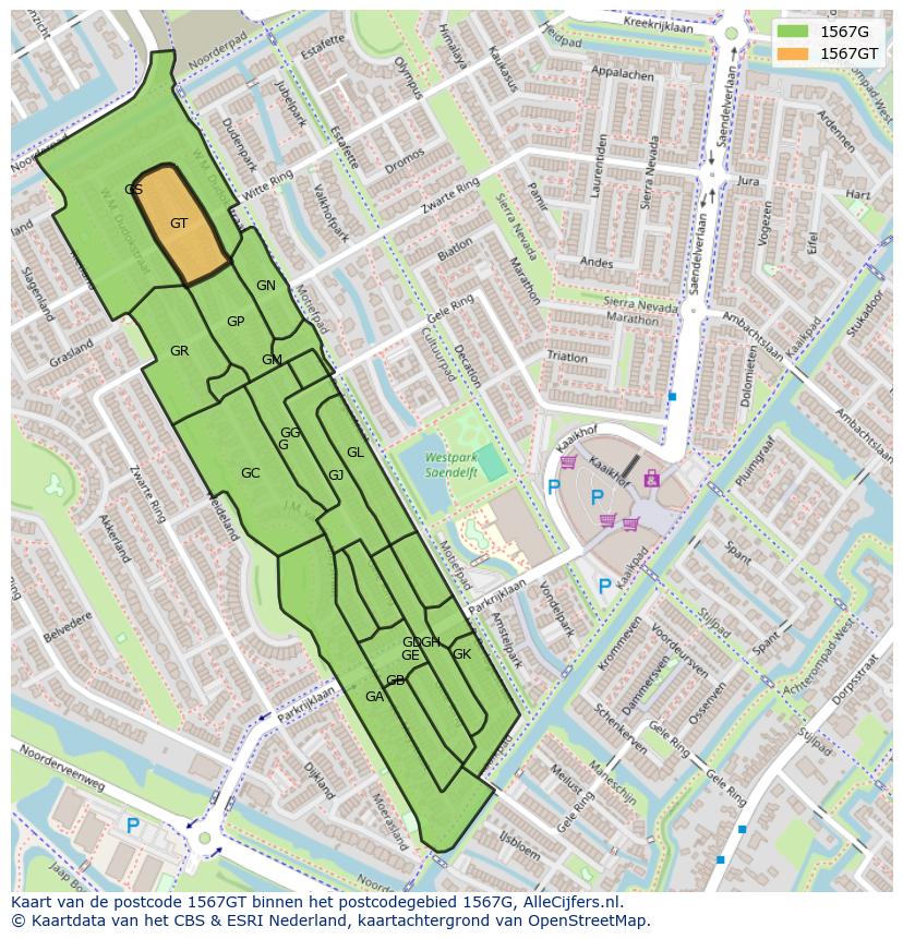 Afbeelding van het postcodegebied 1567 GT op de kaart.