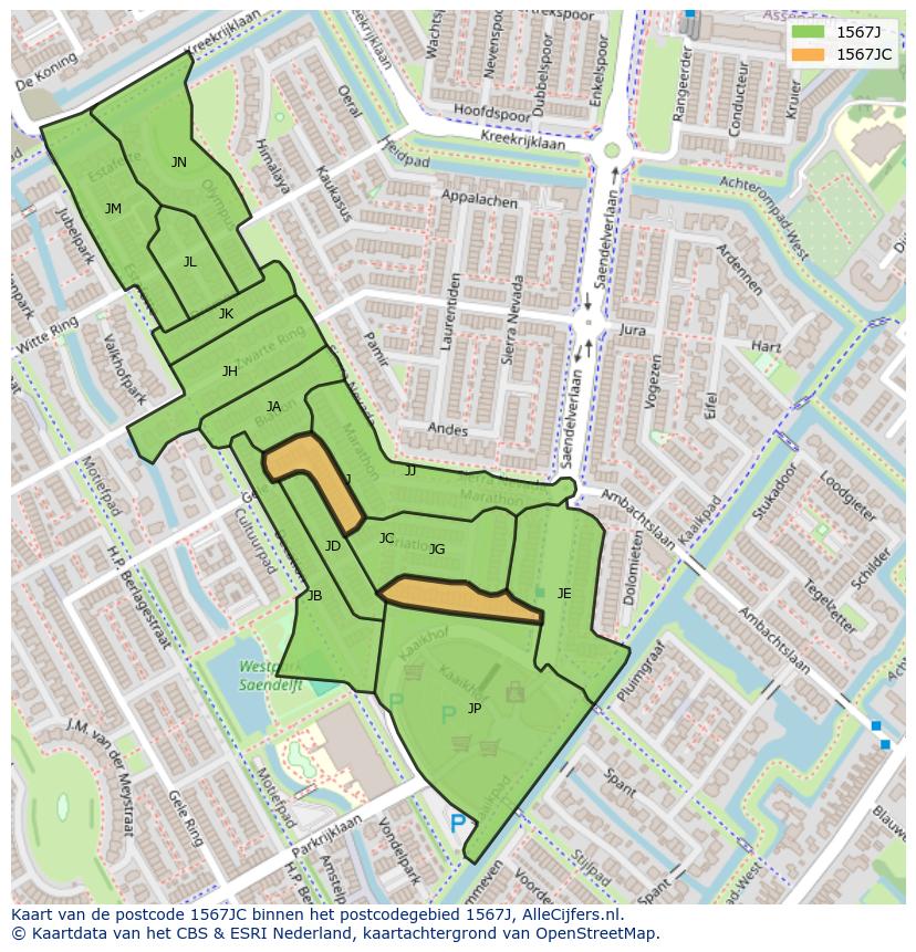 Afbeelding van het postcodegebied 1567 JC op de kaart.