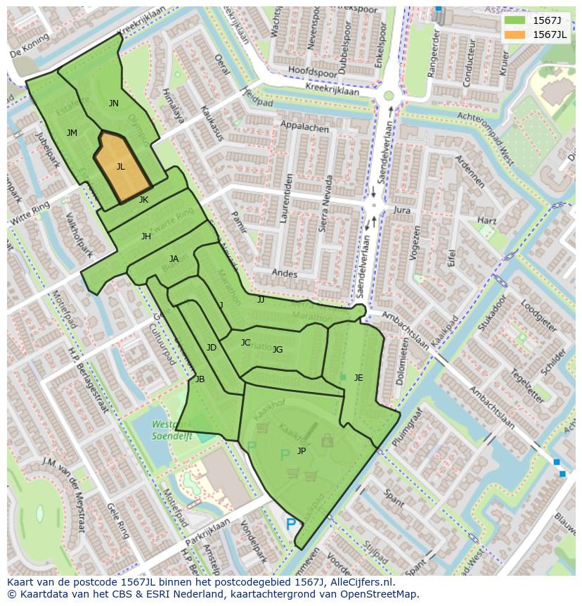 Afbeelding van het postcodegebied 1567 JL op de kaart.