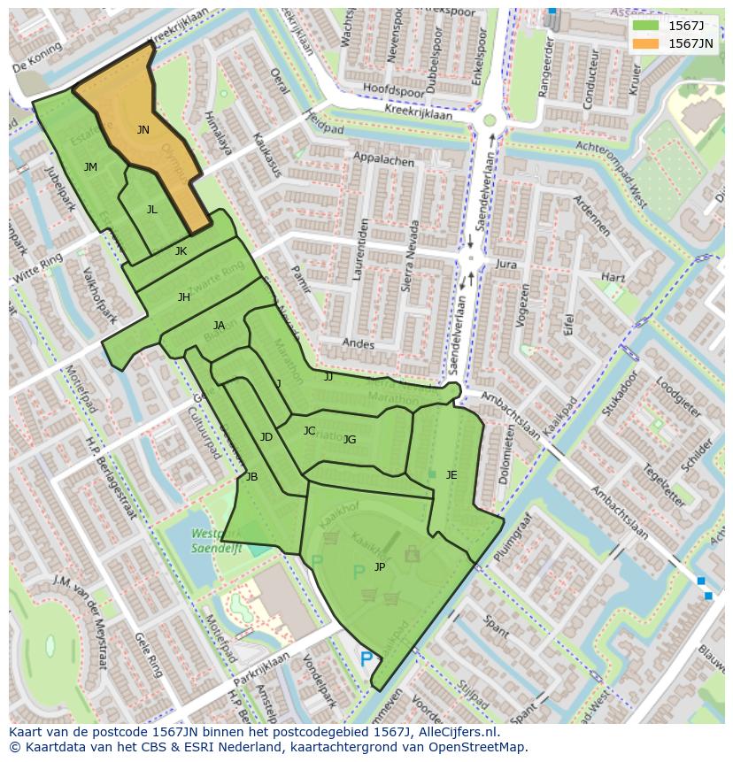 Afbeelding van het postcodegebied 1567 JN op de kaart.