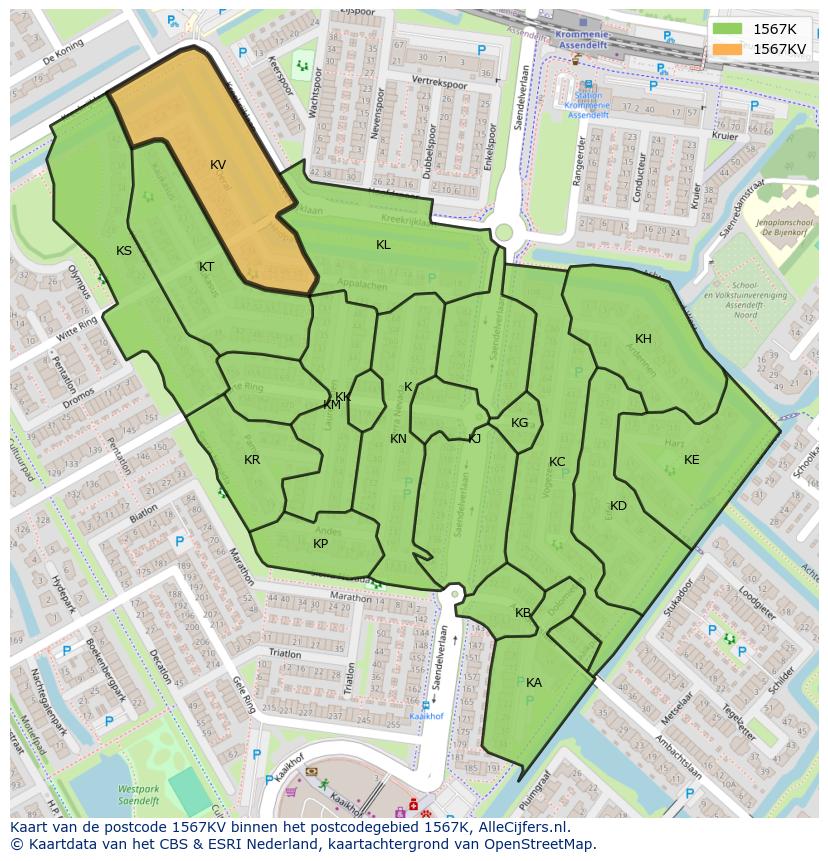 Afbeelding van het postcodegebied 1567 KV op de kaart.