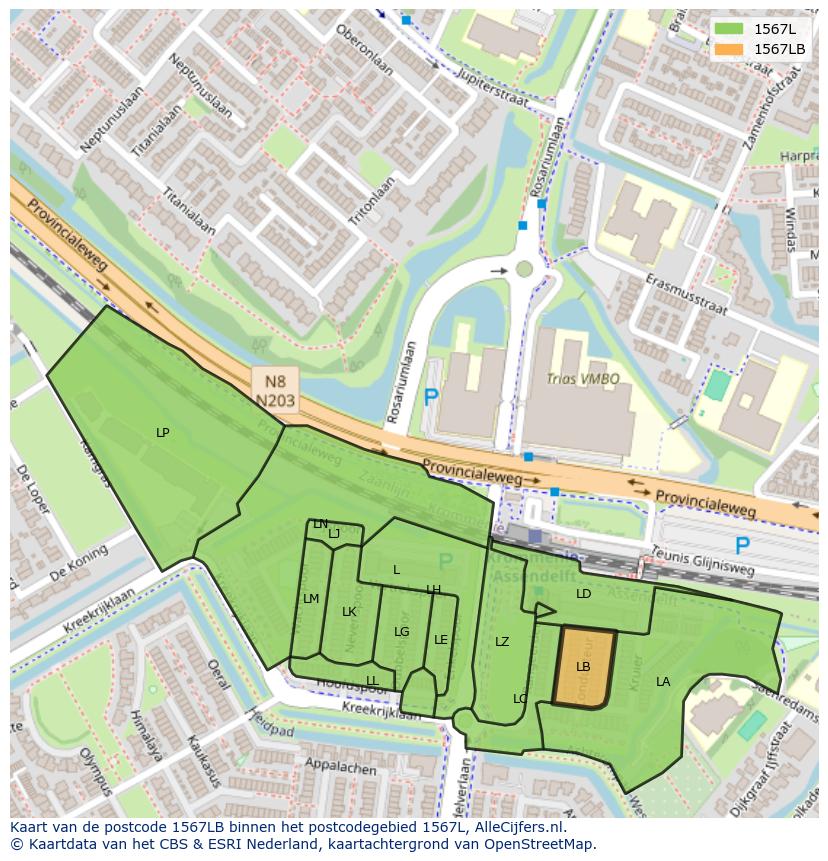 Afbeelding van het postcodegebied 1567 LB op de kaart.