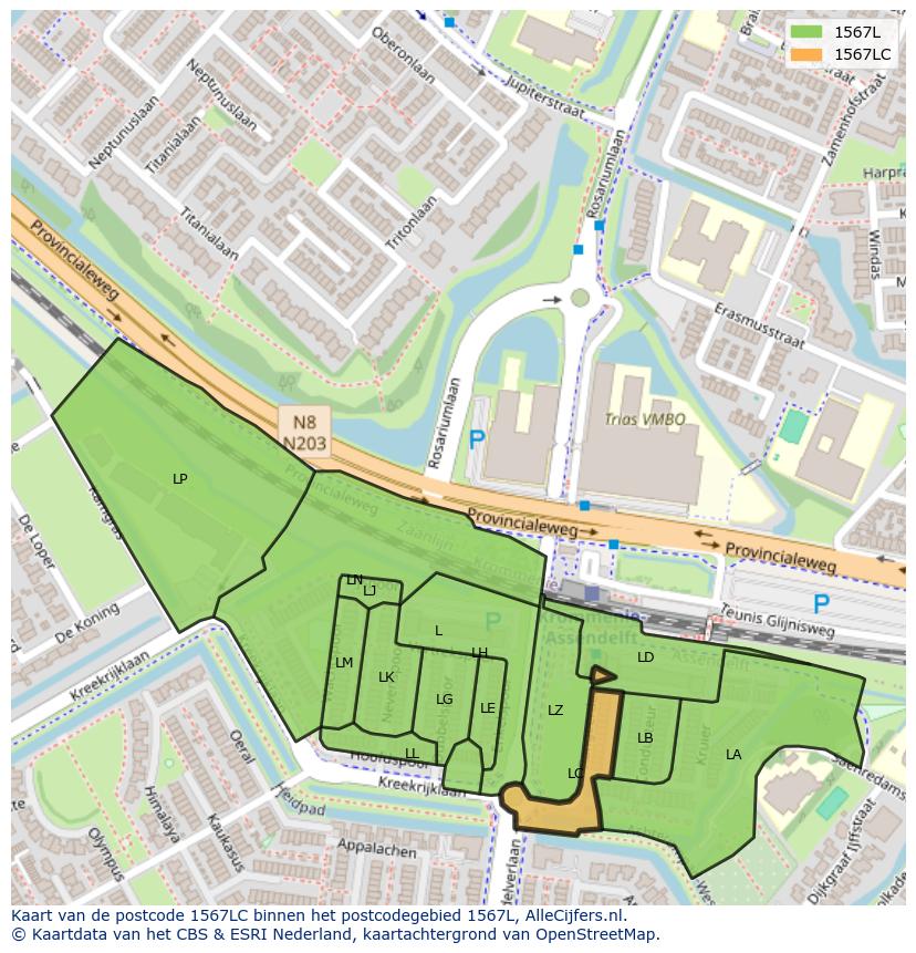 Afbeelding van het postcodegebied 1567 LC op de kaart.