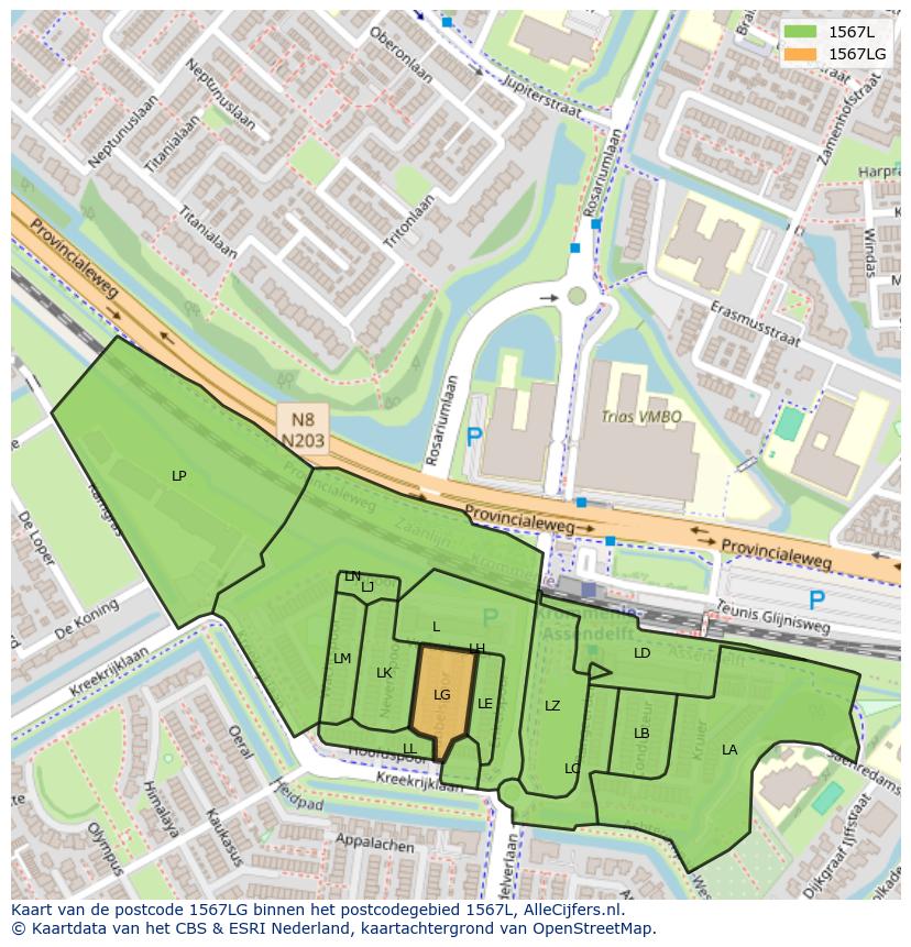 Afbeelding van het postcodegebied 1567 LG op de kaart.
