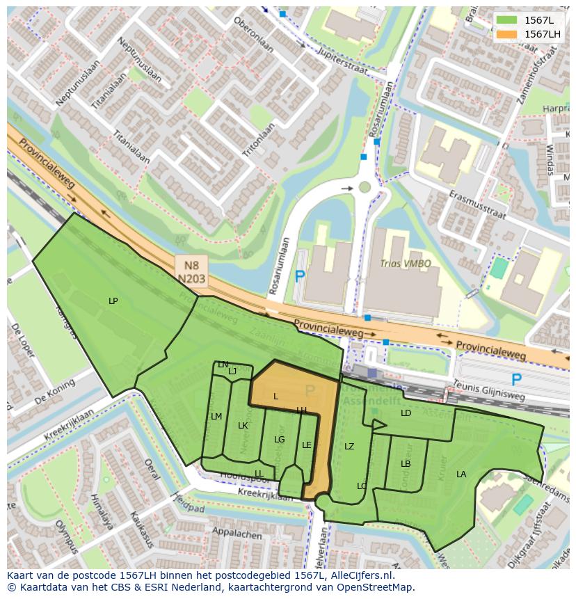 Afbeelding van het postcodegebied 1567 LH op de kaart.