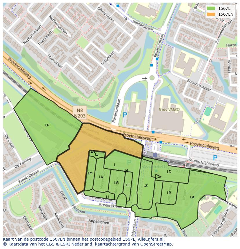 Afbeelding van het postcodegebied 1567 LN op de kaart.