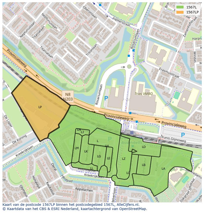 Afbeelding van het postcodegebied 1567 LP op de kaart.