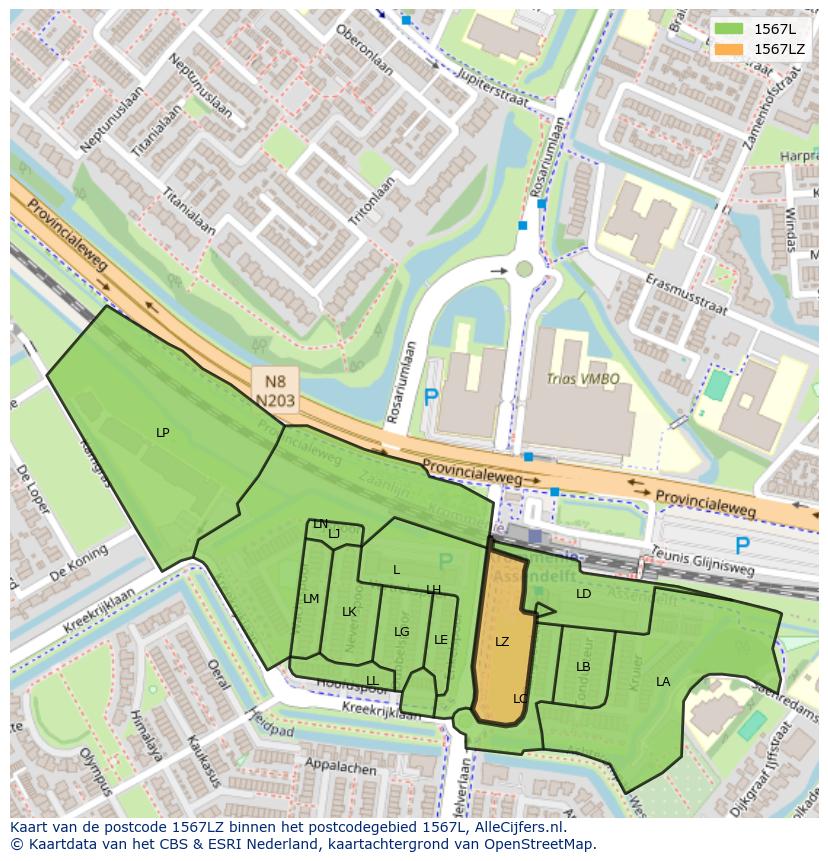 Afbeelding van het postcodegebied 1567 LZ op de kaart.
