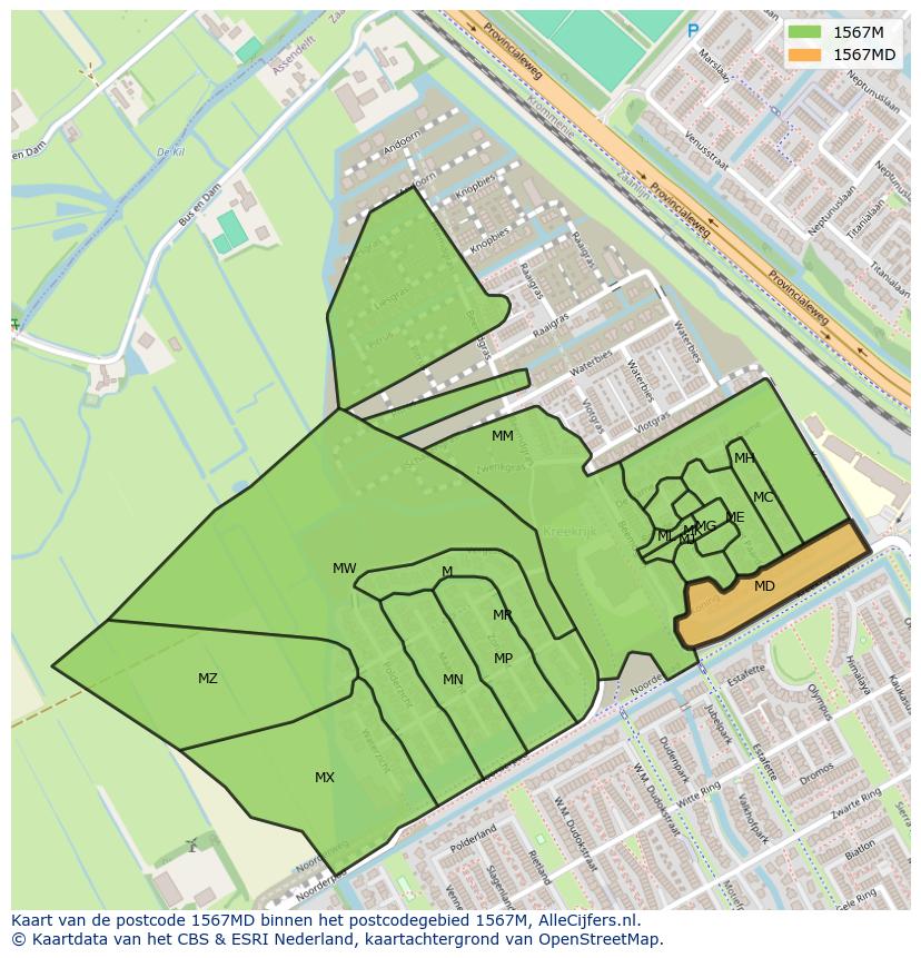 Afbeelding van het postcodegebied 1567 MD op de kaart.