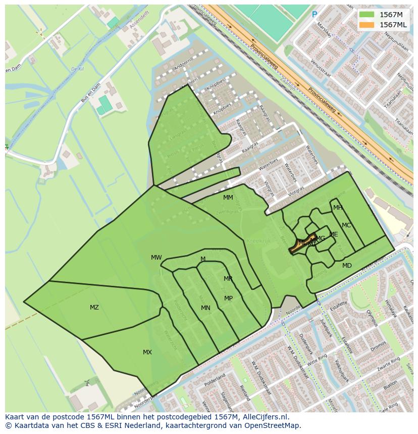Afbeelding van het postcodegebied 1567 ML op de kaart.