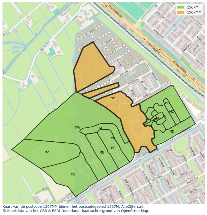 Afbeelding van het postcodegebied 1567 MM op de kaart.