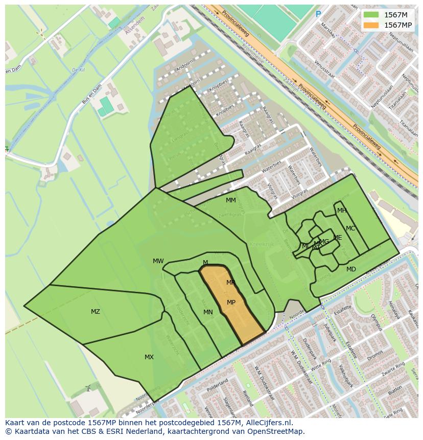 Afbeelding van het postcodegebied 1567 MP op de kaart.