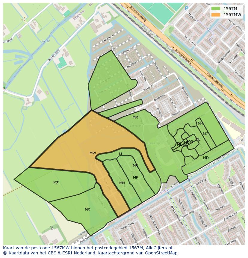Afbeelding van het postcodegebied 1567 MW op de kaart.