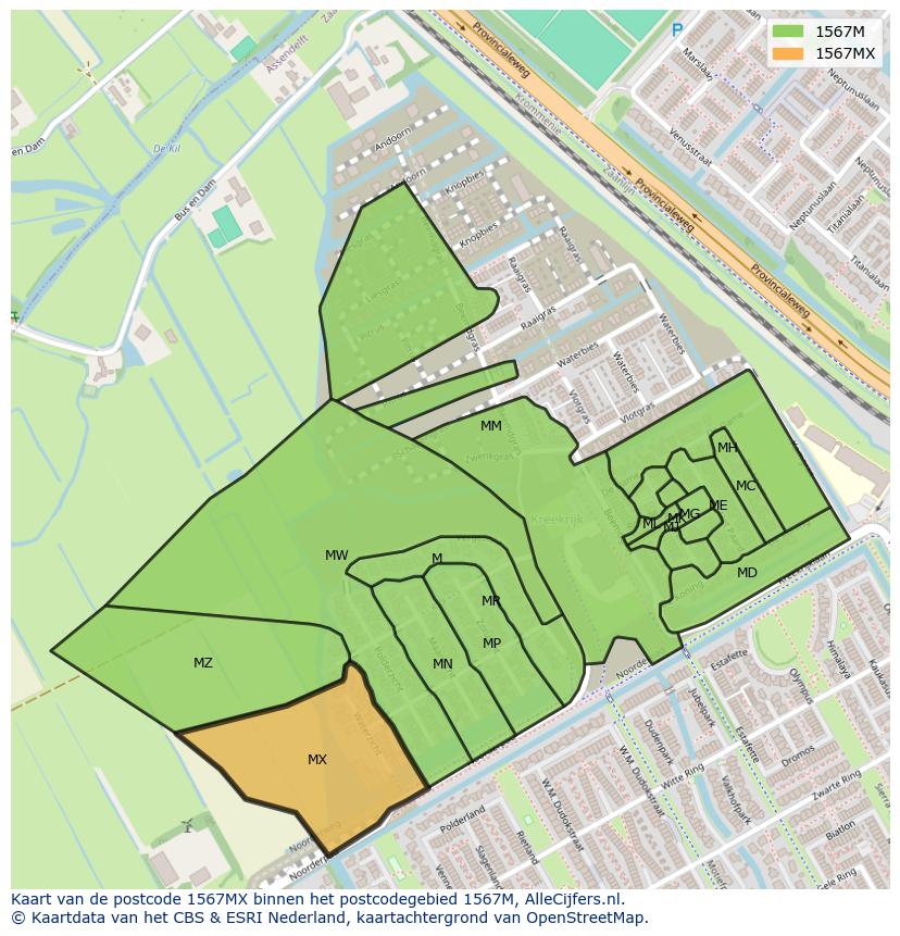 Afbeelding van het postcodegebied 1567 MX op de kaart.