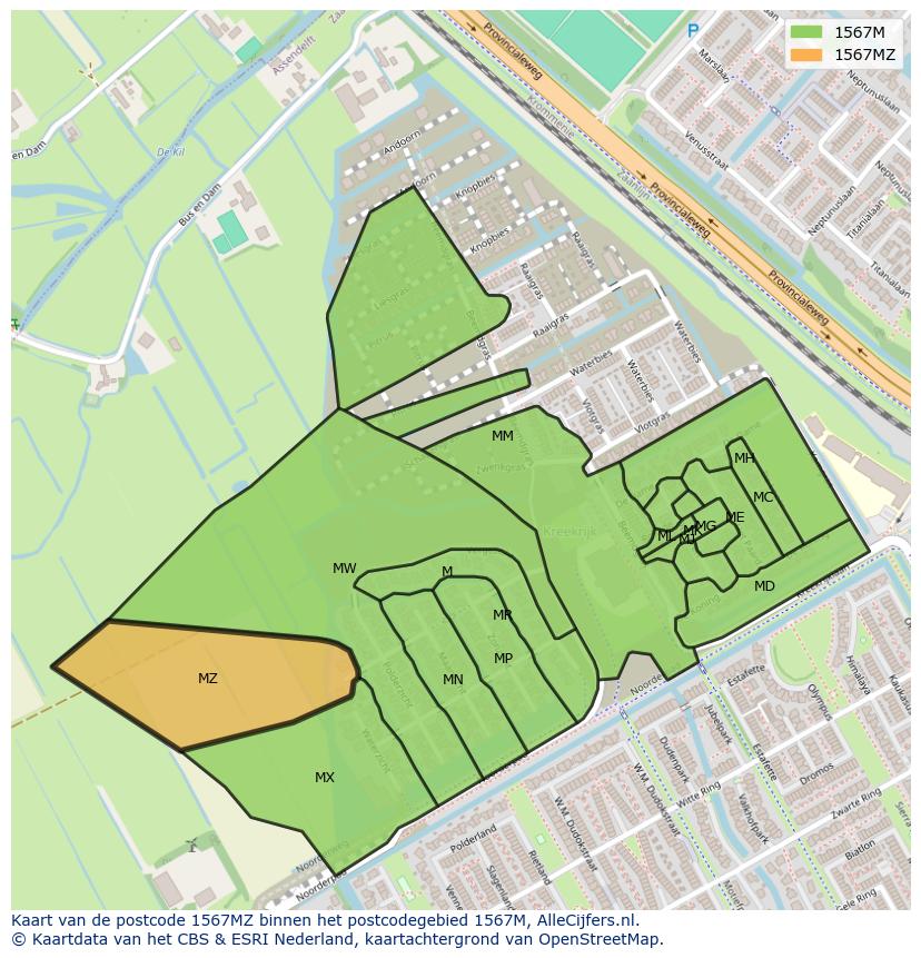 Afbeelding van het postcodegebied 1567 MZ op de kaart.