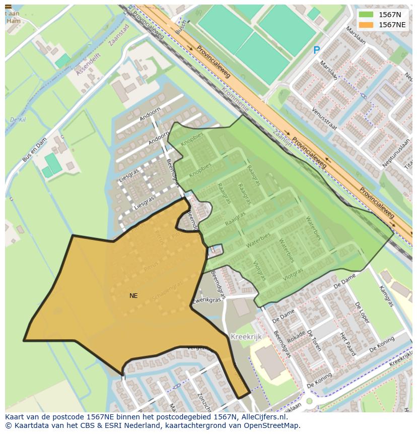 Afbeelding van het postcodegebied 1567 NE op de kaart.