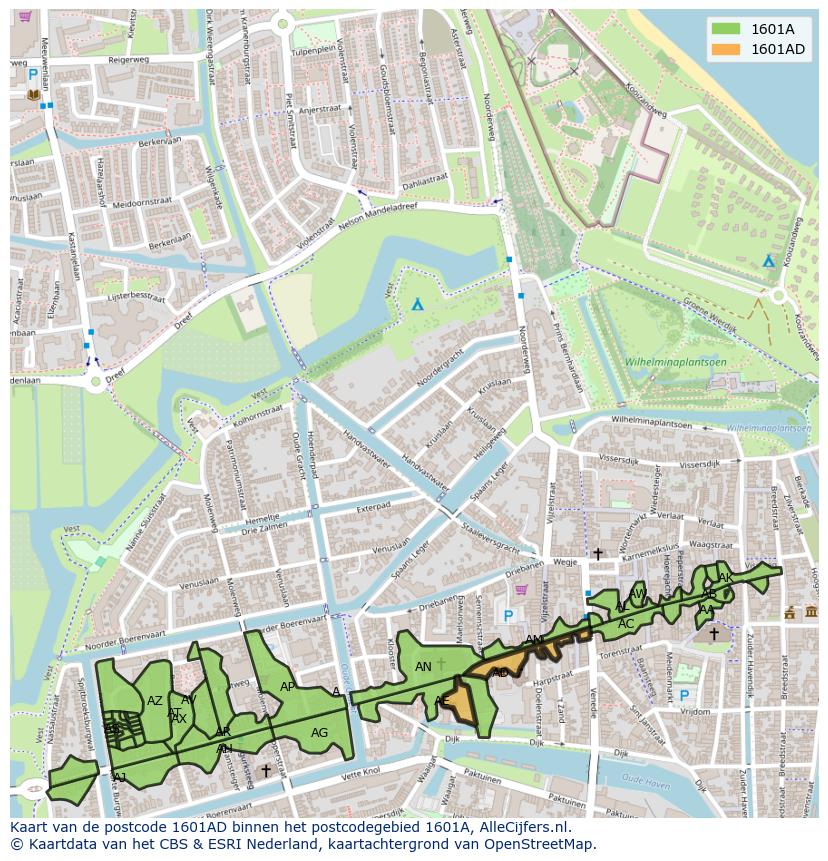 Afbeelding van het postcodegebied 1601 AD op de kaart.