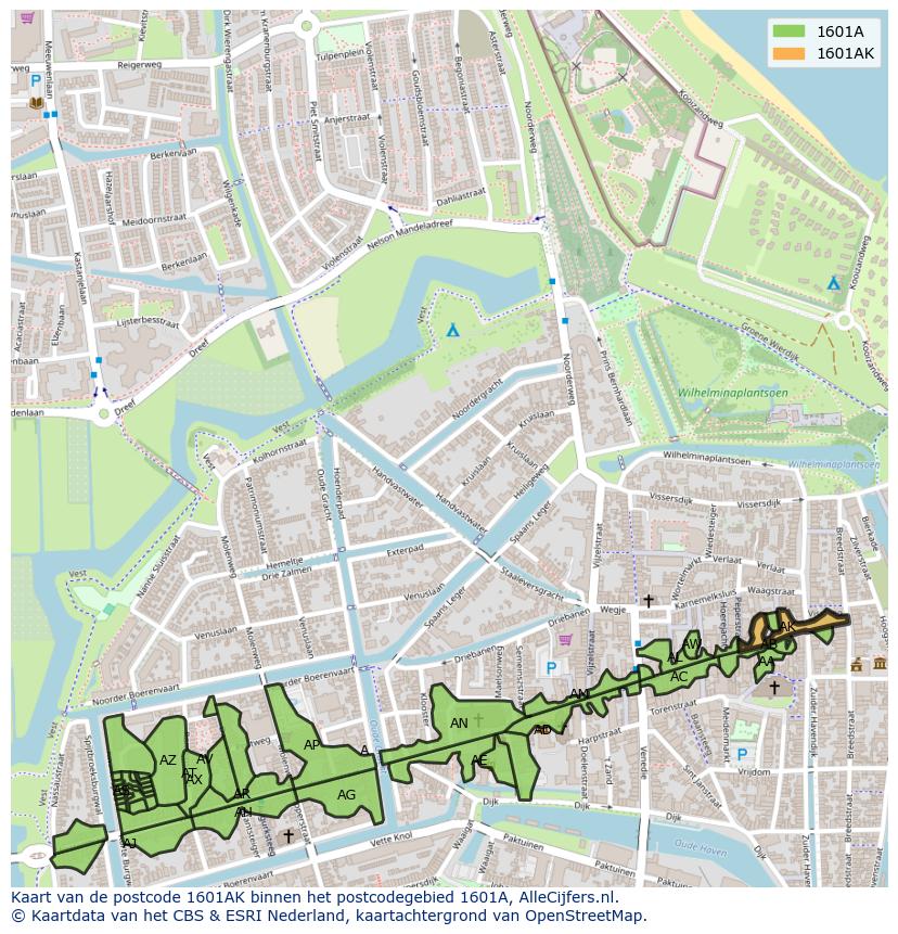 Afbeelding van het postcodegebied 1601 AK op de kaart.