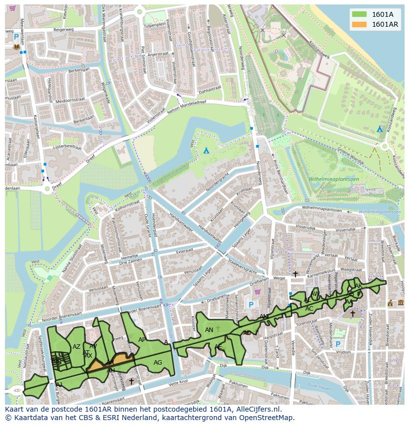 Afbeelding van het postcodegebied 1601 AR op de kaart.