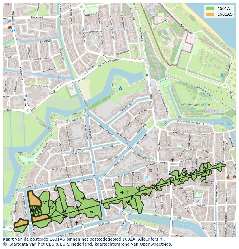 Afbeelding van het postcodegebied 1601 AS op de kaart.
