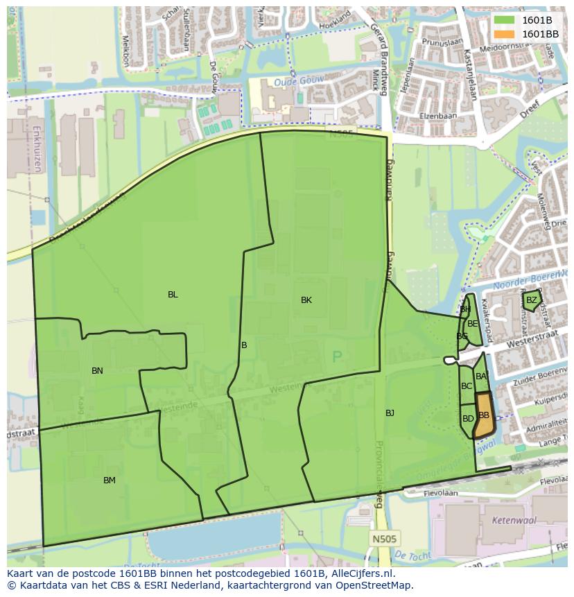 Afbeelding van het postcodegebied 1601 BB op de kaart.