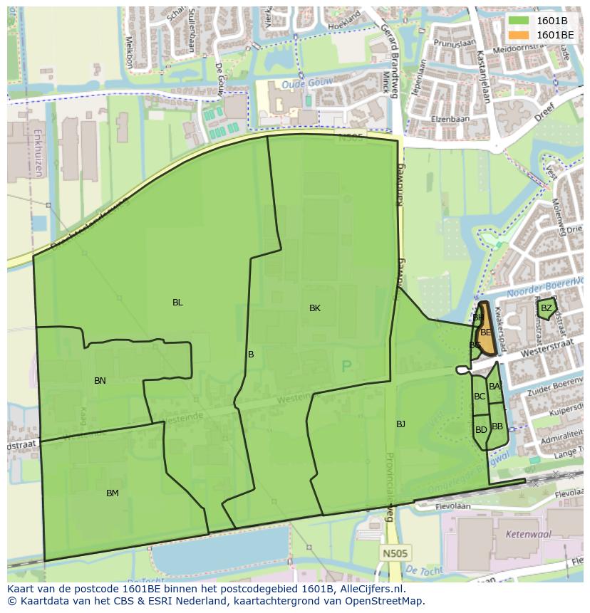 Afbeelding van het postcodegebied 1601 BE op de kaart.
